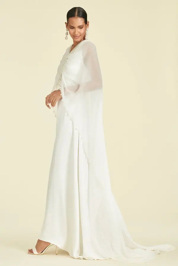 Ethereal White Sheer Capelet Beaded Detail Maxi Formal Gown
