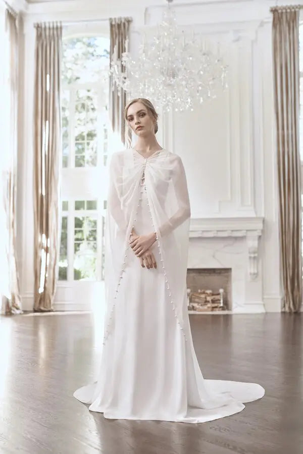 Ethereal White Sheer Capelet Beaded Detail Maxi Formal Gown