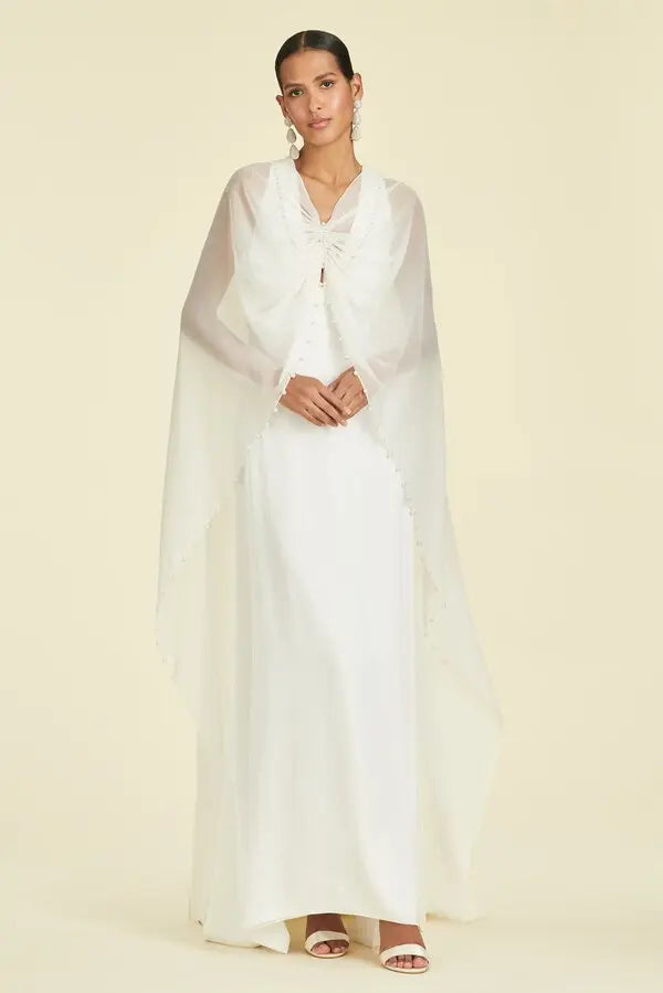 Ethereal White Sheer Capelet Beaded Detail Maxi Formal Gown