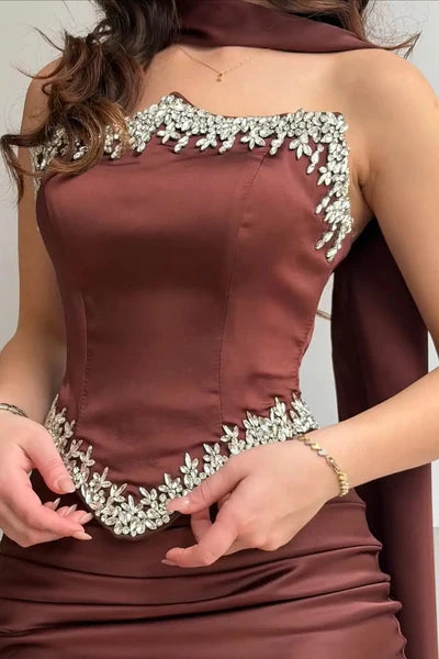 Luxurious Strapless Crystal-Trim Capelet Mermaid Formal Gown