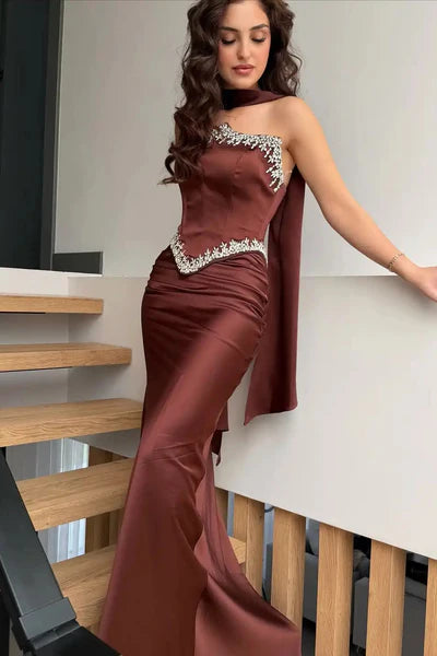 Luxurious Strapless Crystal-Trim Capelet Mermaid Formal Gown