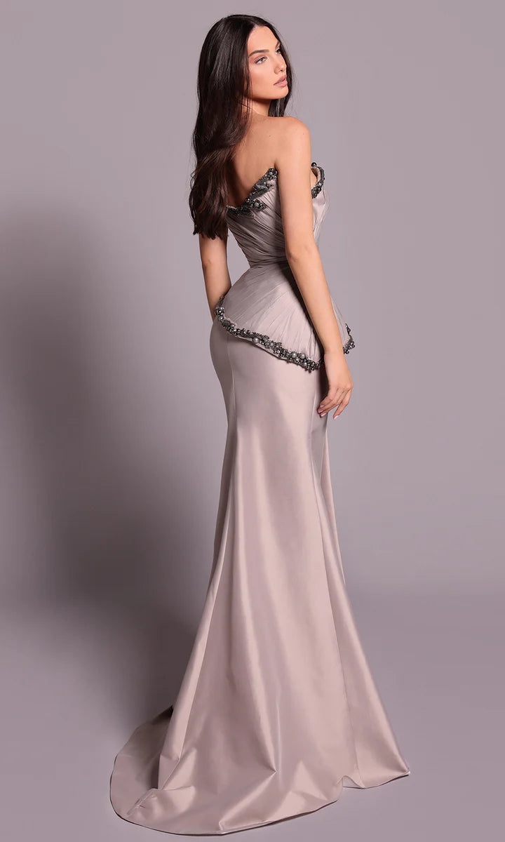 Elegant Dusty Sage Strapless Beaded-Accent Satin Mermaid Formal Gown