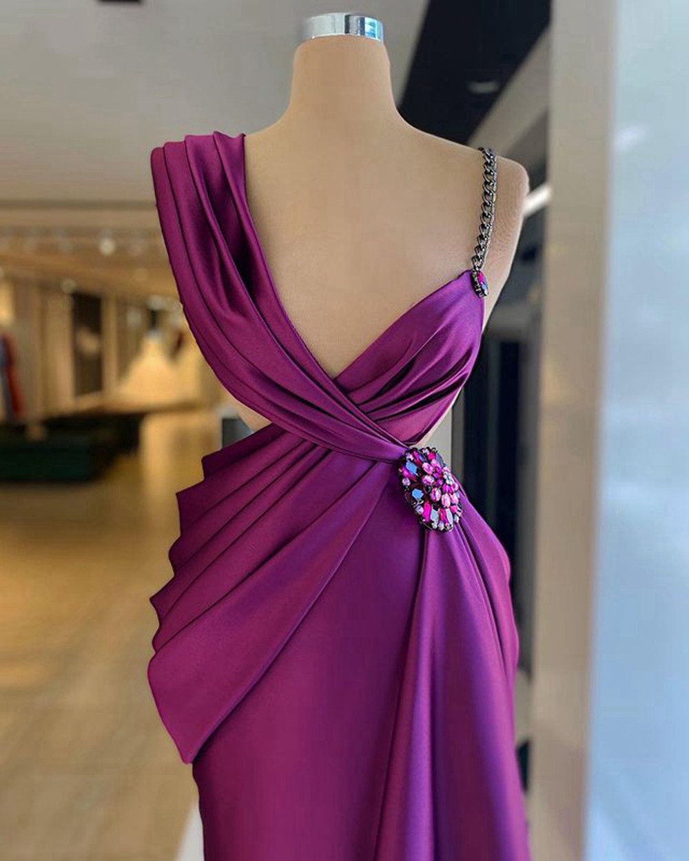 Glamorous Deep Purple One-Shoulder Beaded Cutout Satin Mermaid Gown