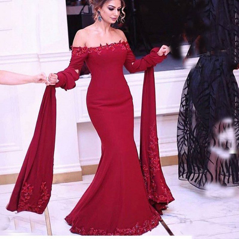 Opulent Burgundy Off-Shoulder Lace-Trim Capelet Mermaid Formal Gown