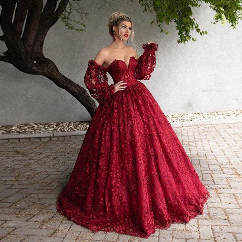 Regal Burgundy Off-Shoulder Lace Puff-Sleeve Ball Gown