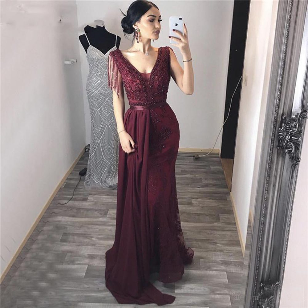 Glamorous Burgundy V-Neck Beaded Fringe Mermaid Formal Gown