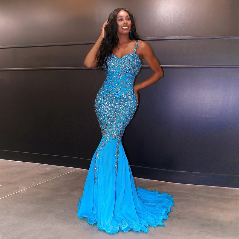 Dazzling Turquoise Spaghetti-Strap Sequin Mermaid Formal Gown