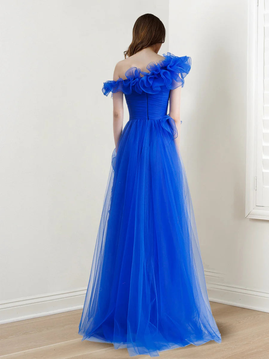 Vibrant Royal Blue Off-Shoulder Ruffled Tulle A-Line Formal Gown