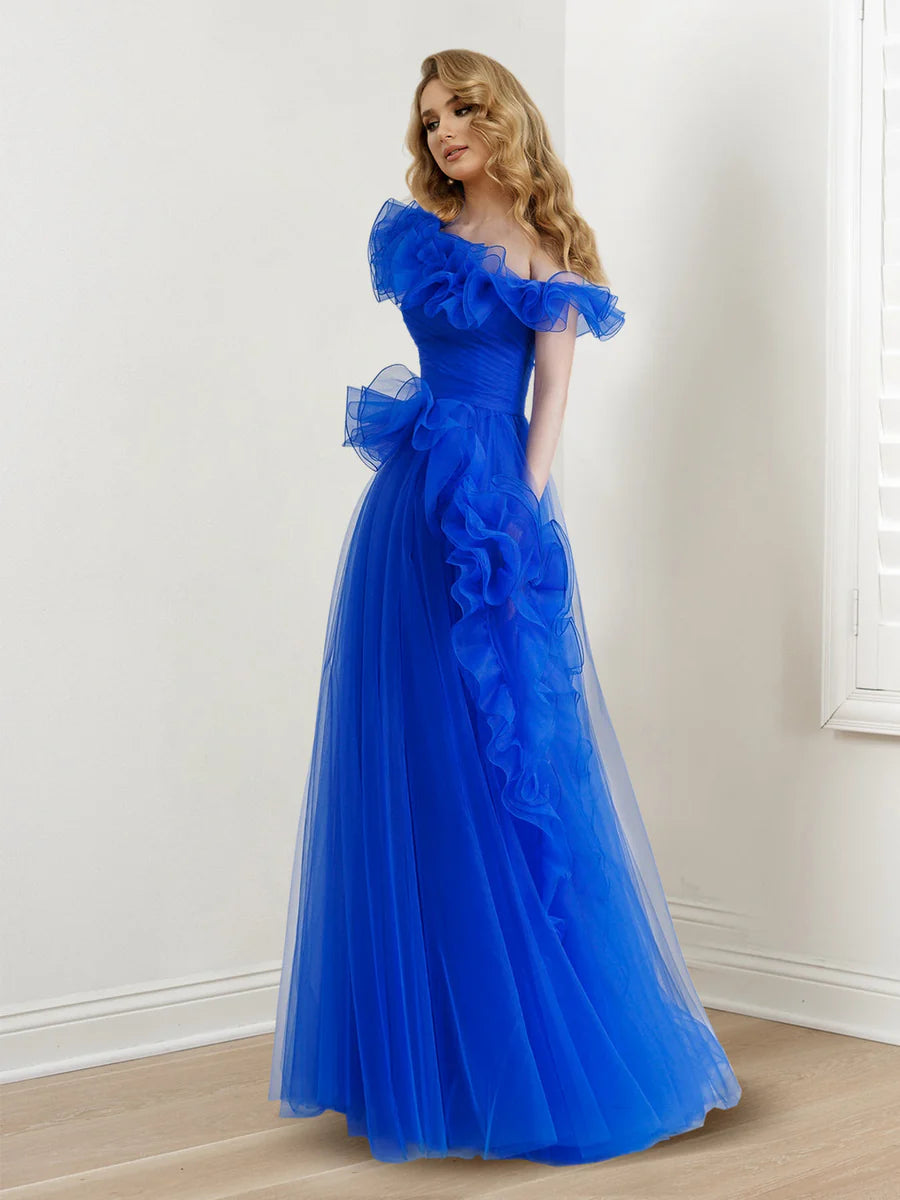 Vibrant Royal Blue Off-Shoulder Ruffled Tulle A-Line Formal Gown