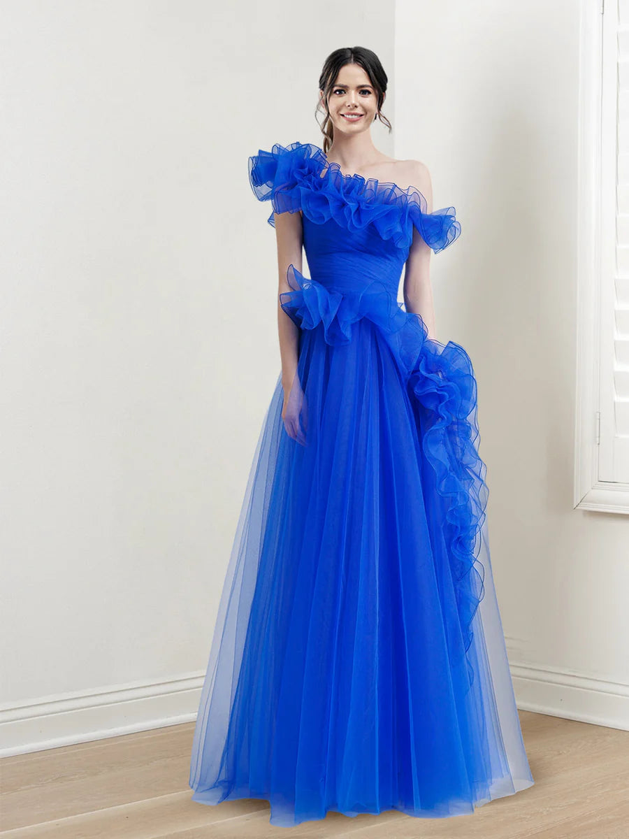 Vibrant Royal Blue Off-Shoulder Ruffled Tulle A-Line Formal Gown