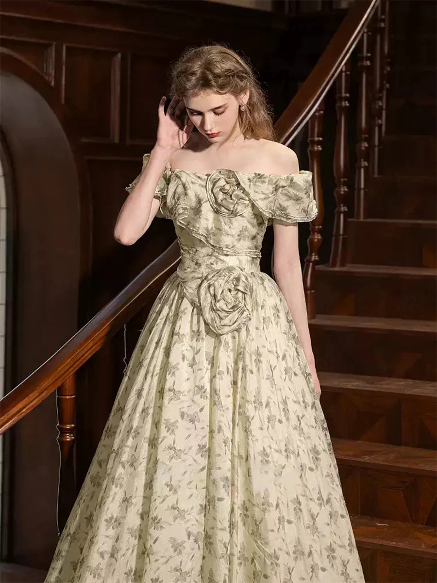 Vintage Sage Off-Shoulder Floral-Brocade 3D Rose Ball Gown