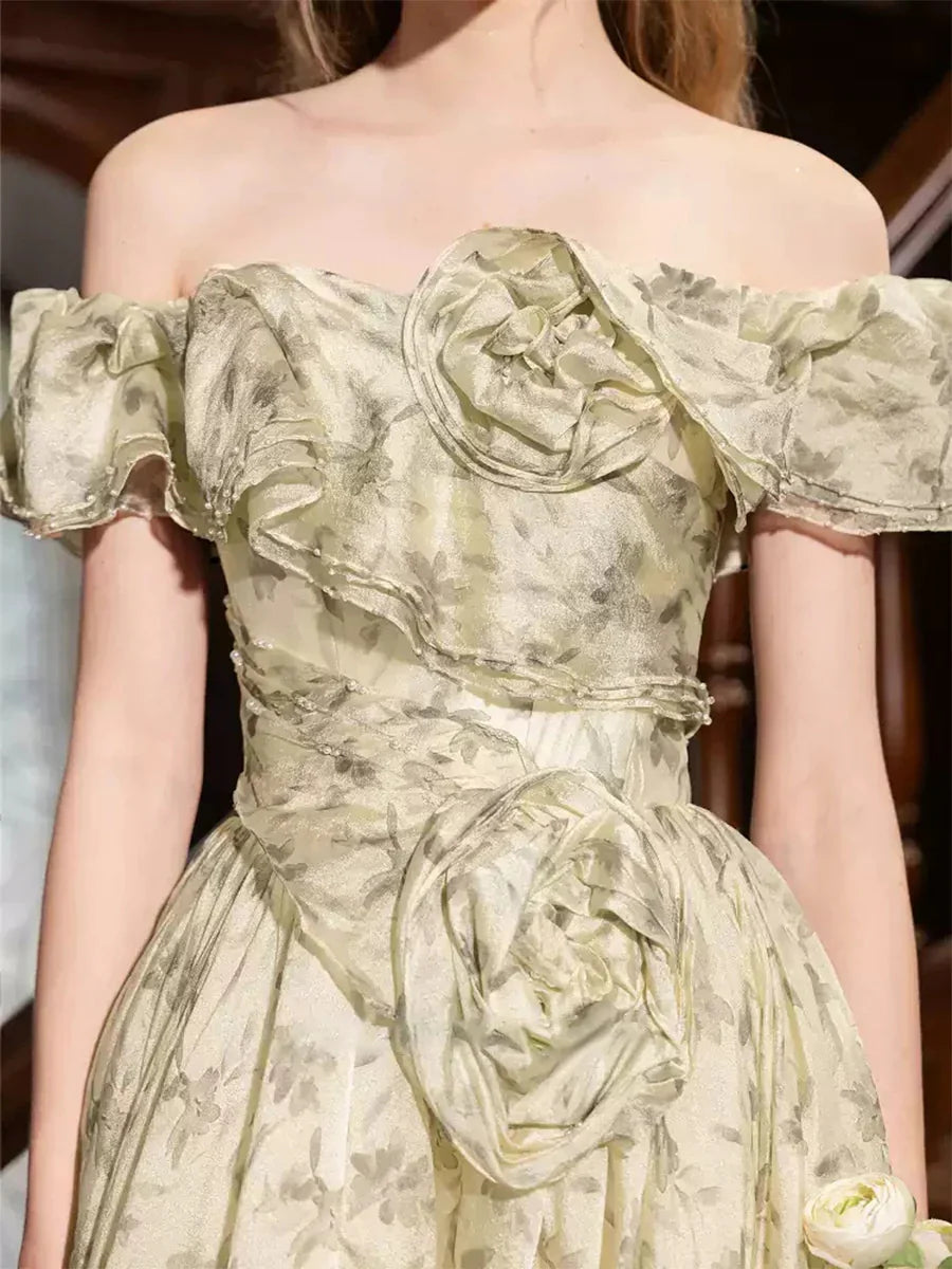 Vintage Sage Off-Shoulder Floral-Brocade 3D Rose Ball Gown