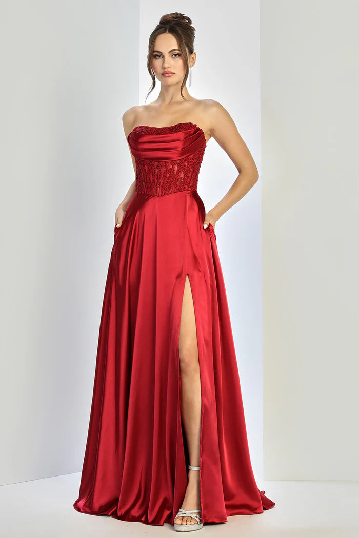 Elegant Sage Strapless Beaded Satin High-Slit Formal Gown