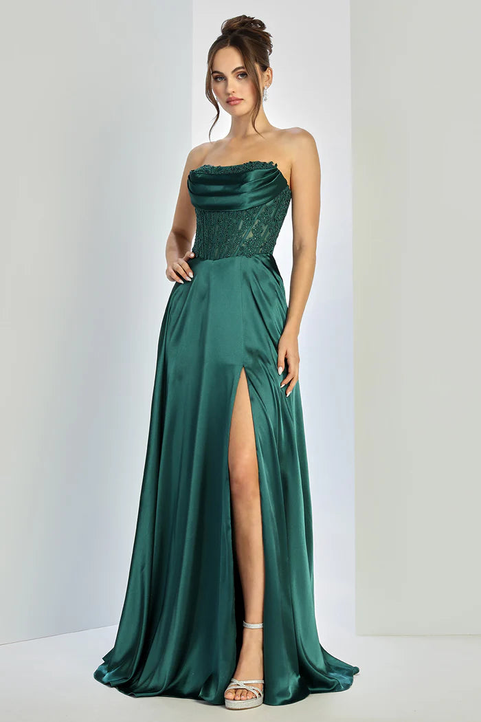 Elegant Sage Strapless Beaded Satin High-Slit Formal Gown