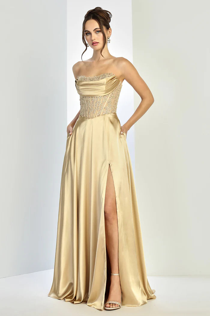 Elegant Sage Strapless Beaded Satin High-Slit Formal Gown