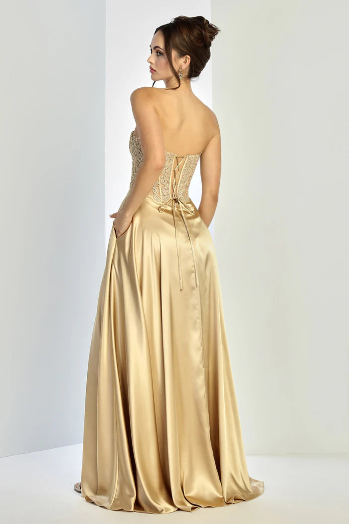 Elegant Sage Strapless Beaded Satin High-Slit Formal Gown