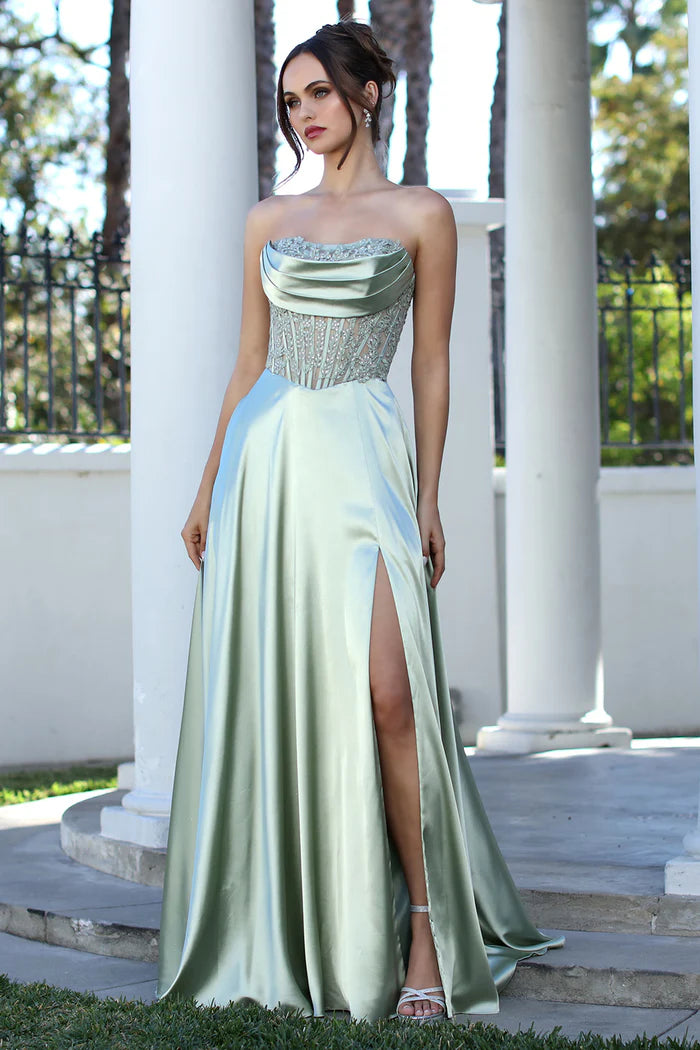 Elegant Sage Strapless Beaded Satin High-Slit Formal Gown