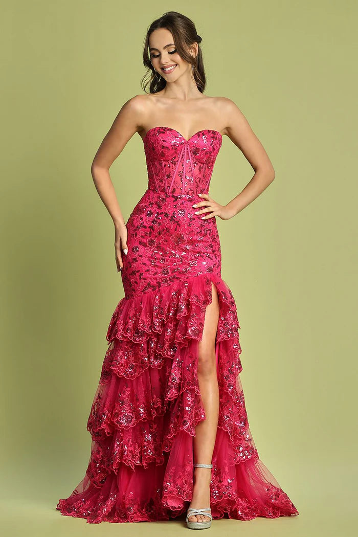 Vibrant Fuchsia Strapless Sequin Ruffled Mermaid Formal Gown