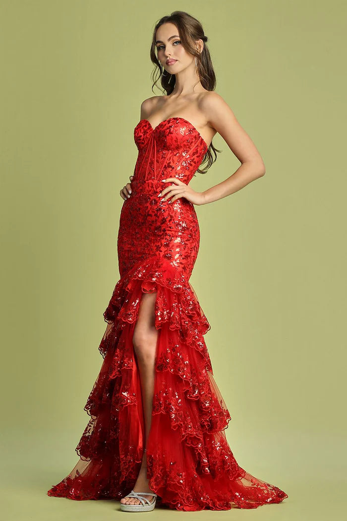 Vibrant Fuchsia Strapless Sequin Ruffled Mermaid Formal Gown