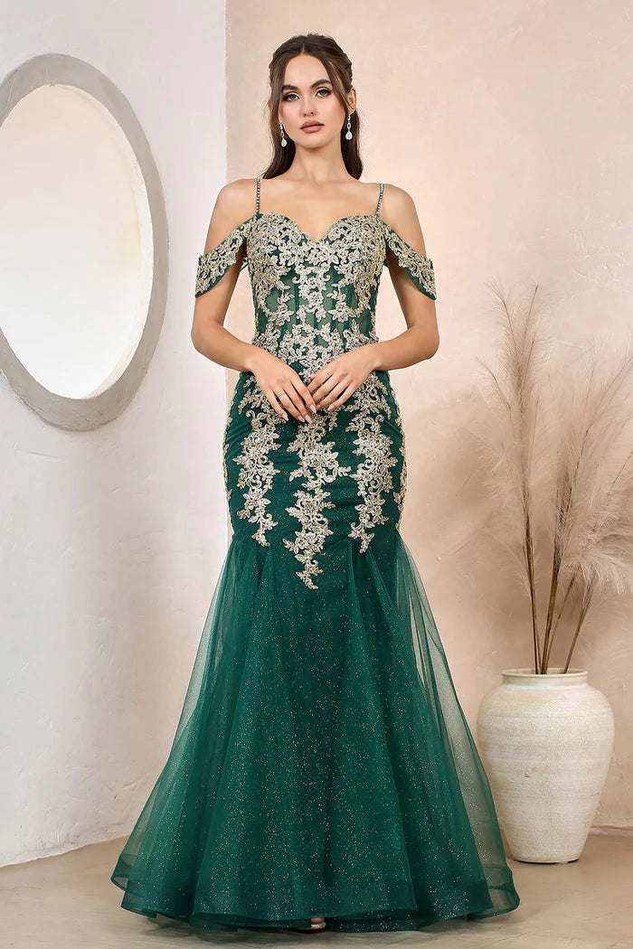 Regal Emerald Off-Shoulder Gold-Lace Mermaid Formal Gown