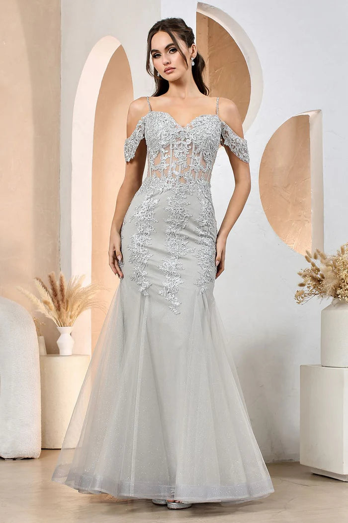 Regal Emerald Off-Shoulder Gold-Lace Mermaid Formal Gown