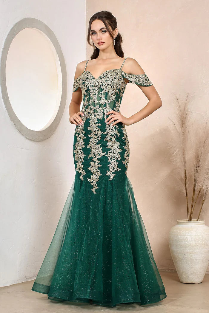 Regal Emerald Off-Shoulder Gold-Lace Mermaid Formal Gown