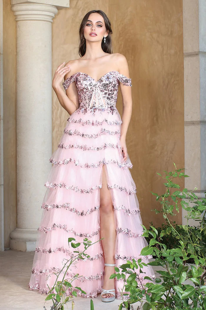 Romantic Blush Off-Shoulder Sequin Tiered Tulle Prom Dresses