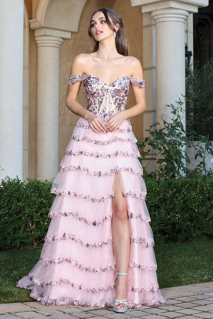 Romantic Blush Off-Shoulder Sequin Tiered Tulle Prom Dresses