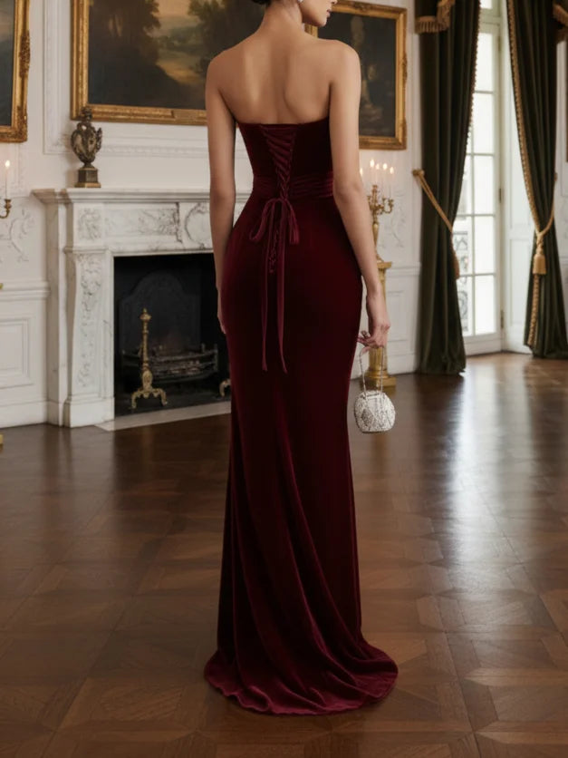 Luxurious Burgundy Strapless Ruffled Velvet Mermaid Gown