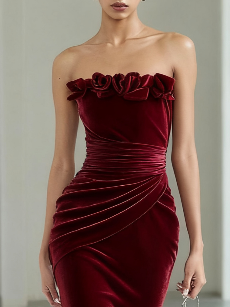 Luxurious Burgundy Strapless Ruffled Velvet Mermaid Gown