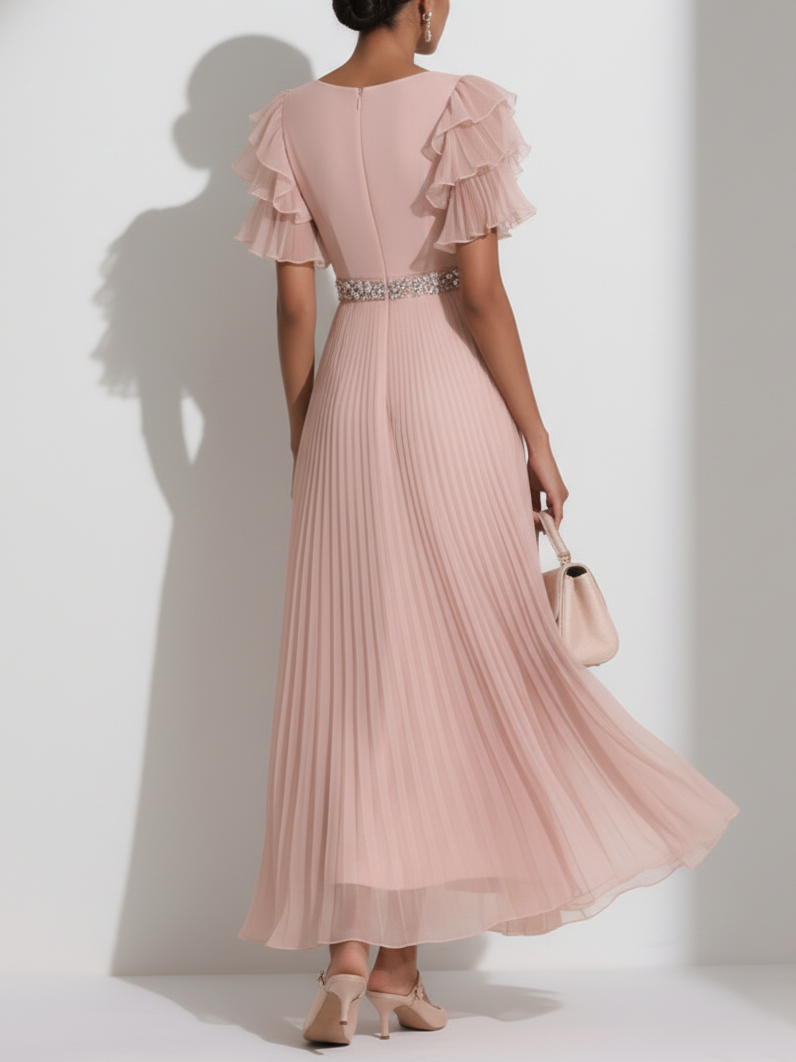 Romantic Blush V-Neck Ruffled Chiffon Formal Gown