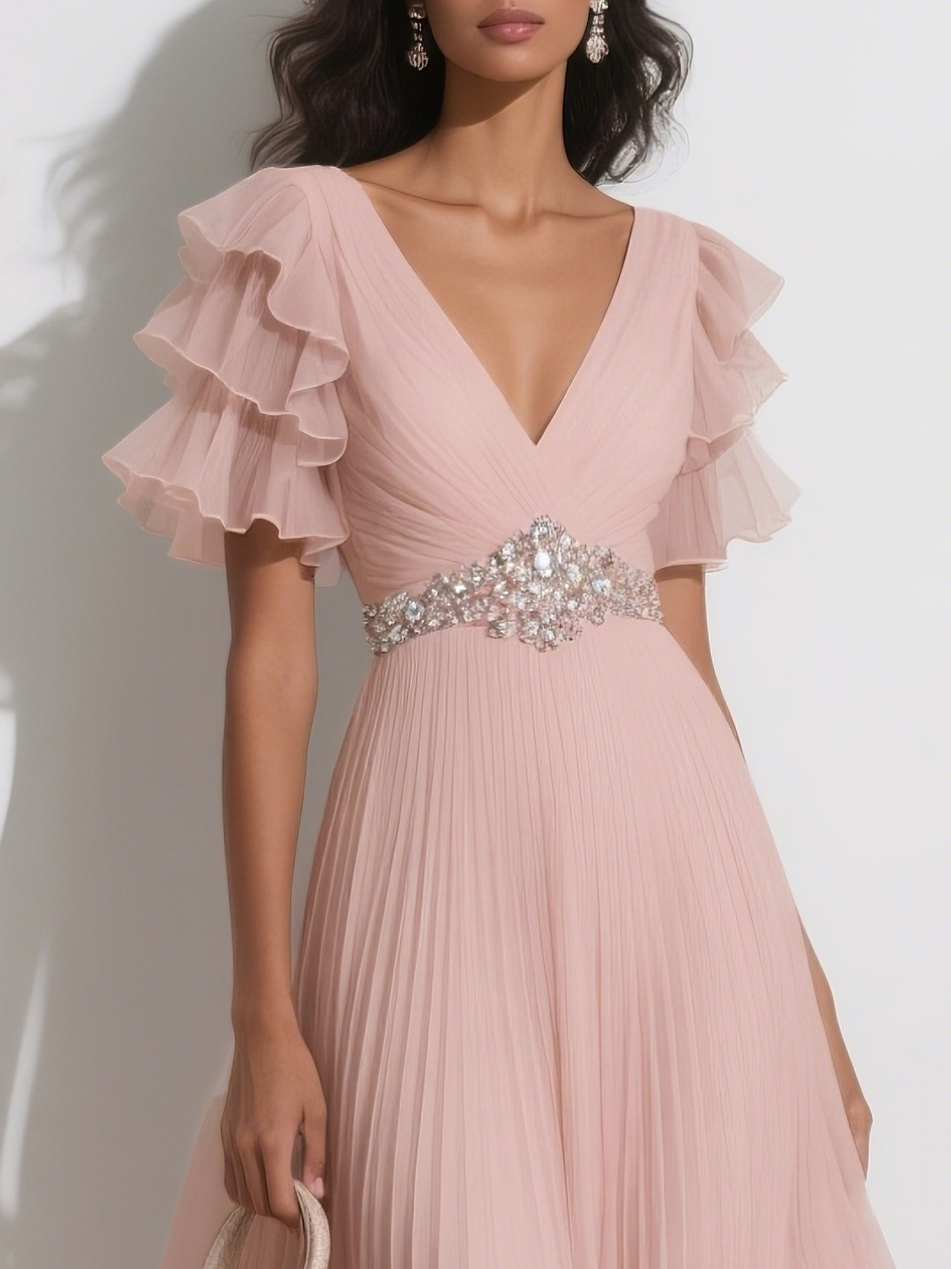 Romantic Blush V-Neck Ruffled Chiffon Formal Gown