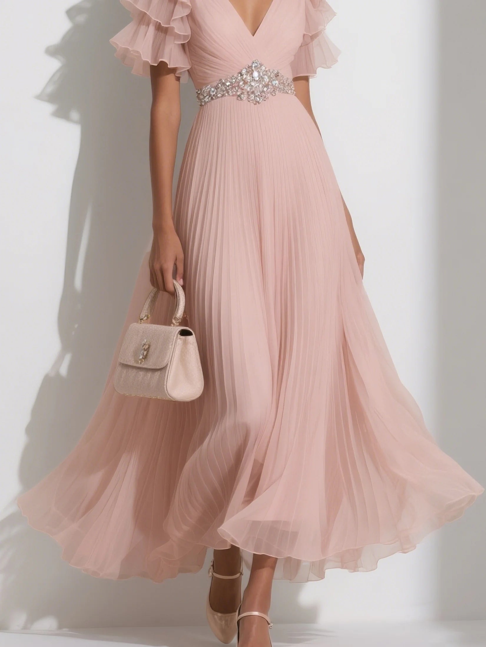 Romantic Blush V-Neck Ruffled Chiffon Formal Gown