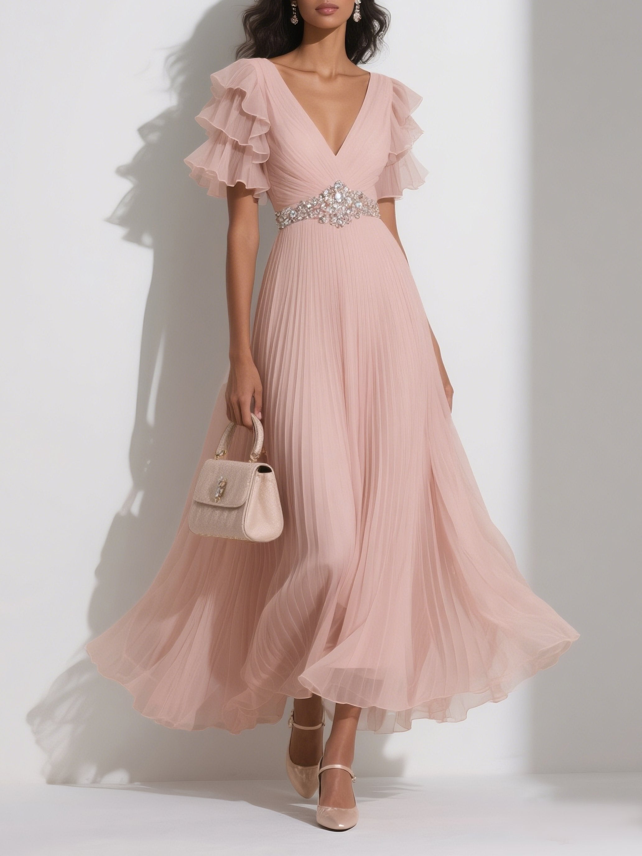Romantic Blush V-Neck Ruffled Chiffon Formal Gown