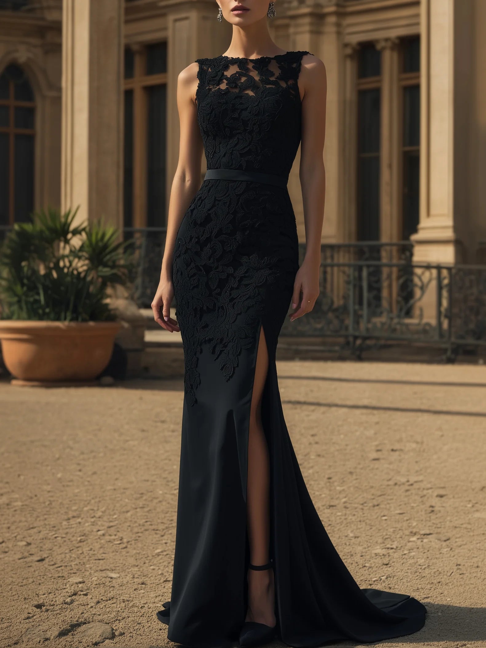 Elegant Black Lace Sleeveless Mermaid Formal Gown with Slit