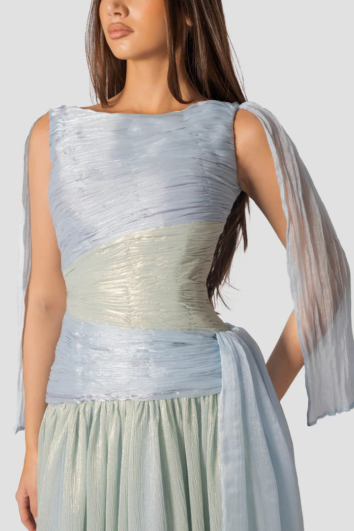 Ethereal Blue-Green Ombre Drape-Sleeve A-Line Gown
