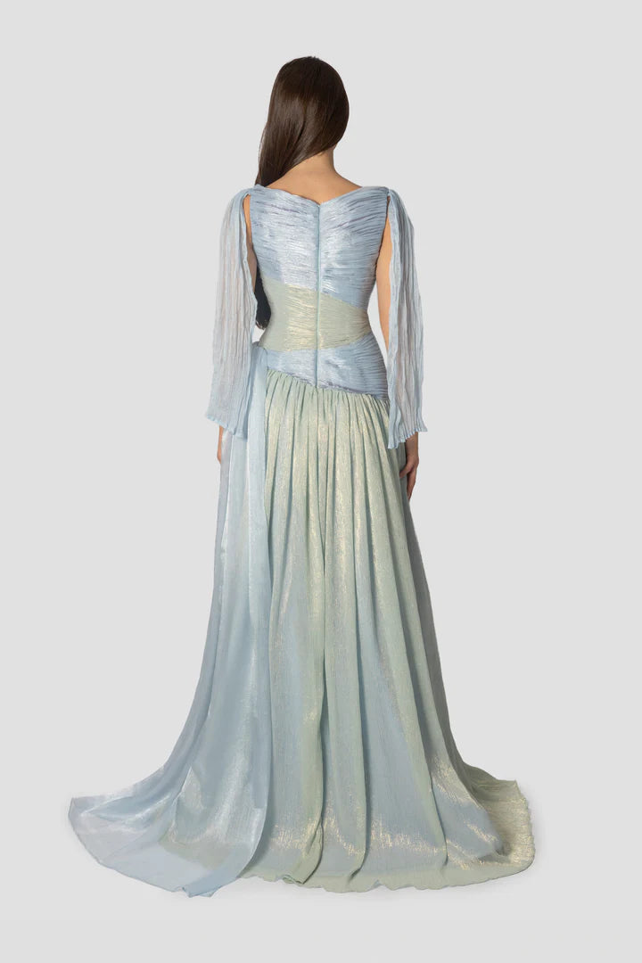 Ethereal Blue-Green Ombre Drape-Sleeve A-Line Gown