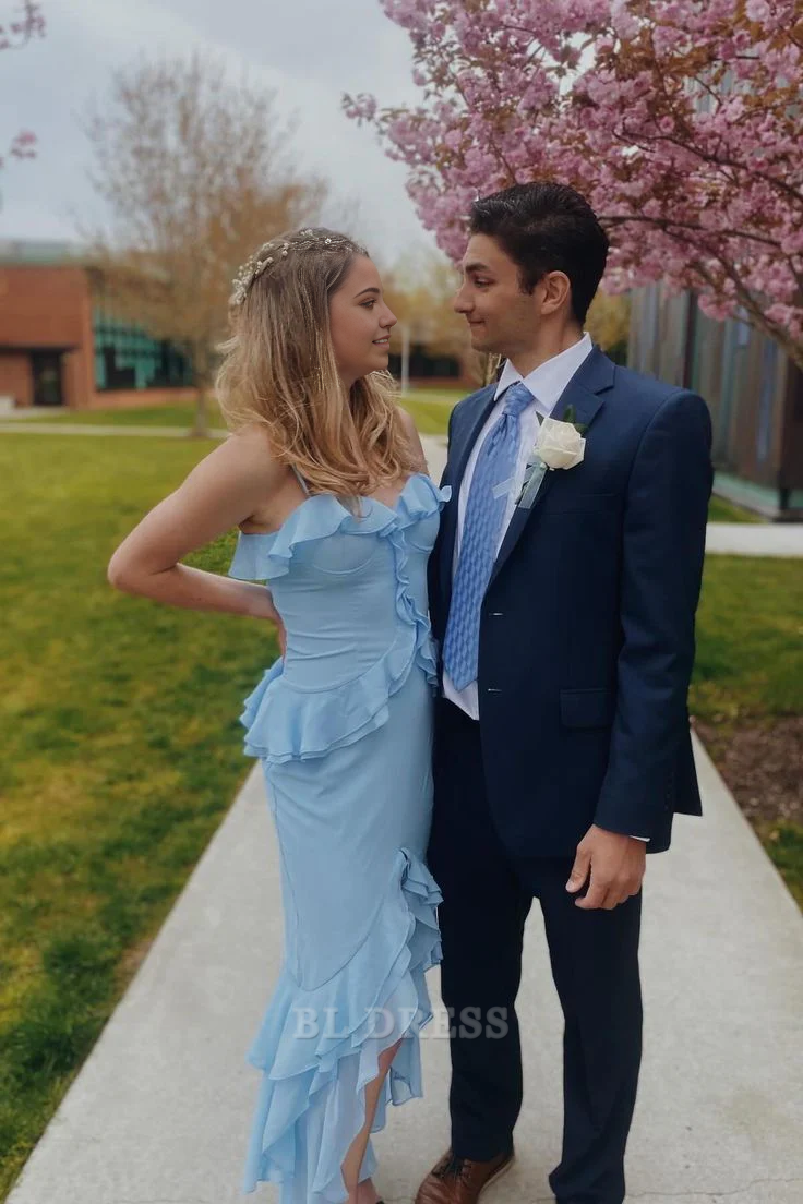 Sheath Straps Chiffon Ruffle Slit formal dresses Bridesmaid Dresses evening gown Prom Dress