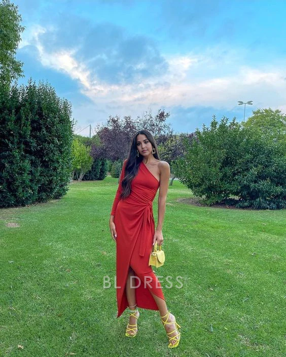 Sheath One Sleeve Red Long formal dresses Bridesmaid Dresses evening gown Prom Dress With Split