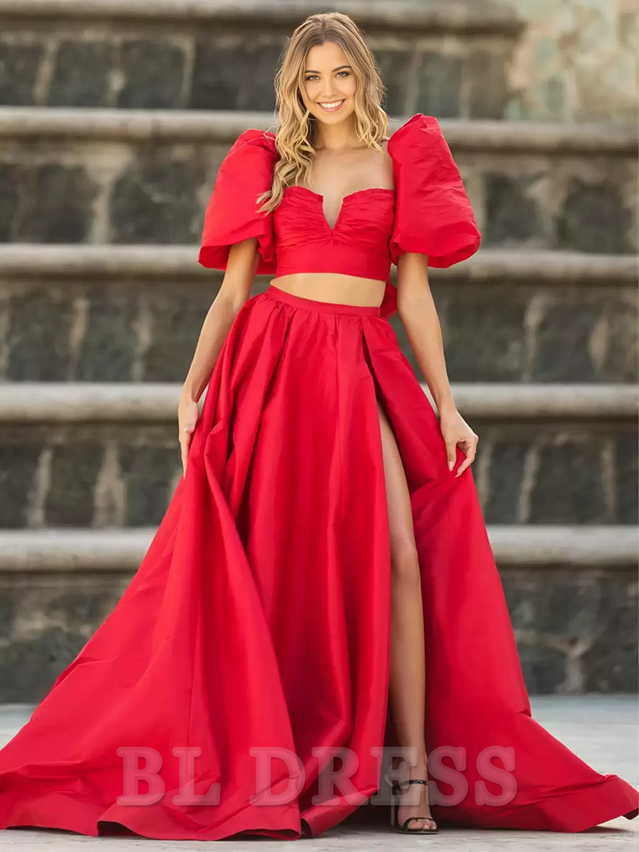 A-line Sweetheart Neck Short Sleeves Split Front formal dresses Bridesmaid Dresses evening gown Prom Dress