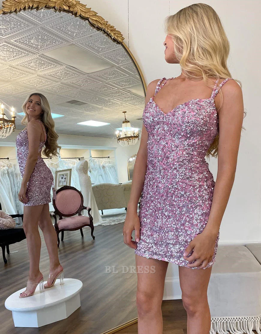 Etuikleid mit Spaghettiträgern, engen Pailletten, lila, Heimkehrkleid, formelle Kleider, Brautjungfernkleider, Abendkleid, Ballkleid