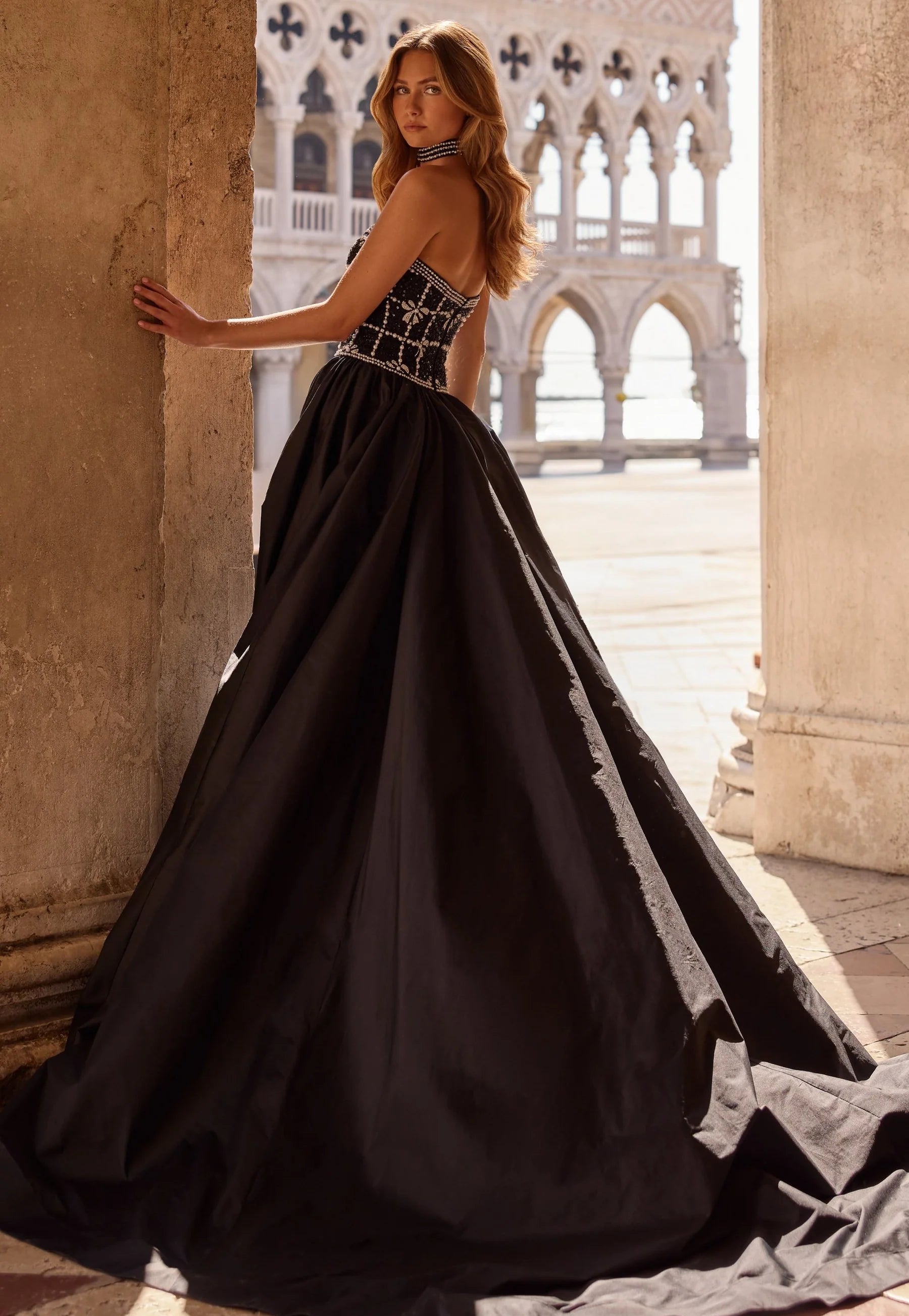 Glamorous Black Strapless Beaded Ball Gown