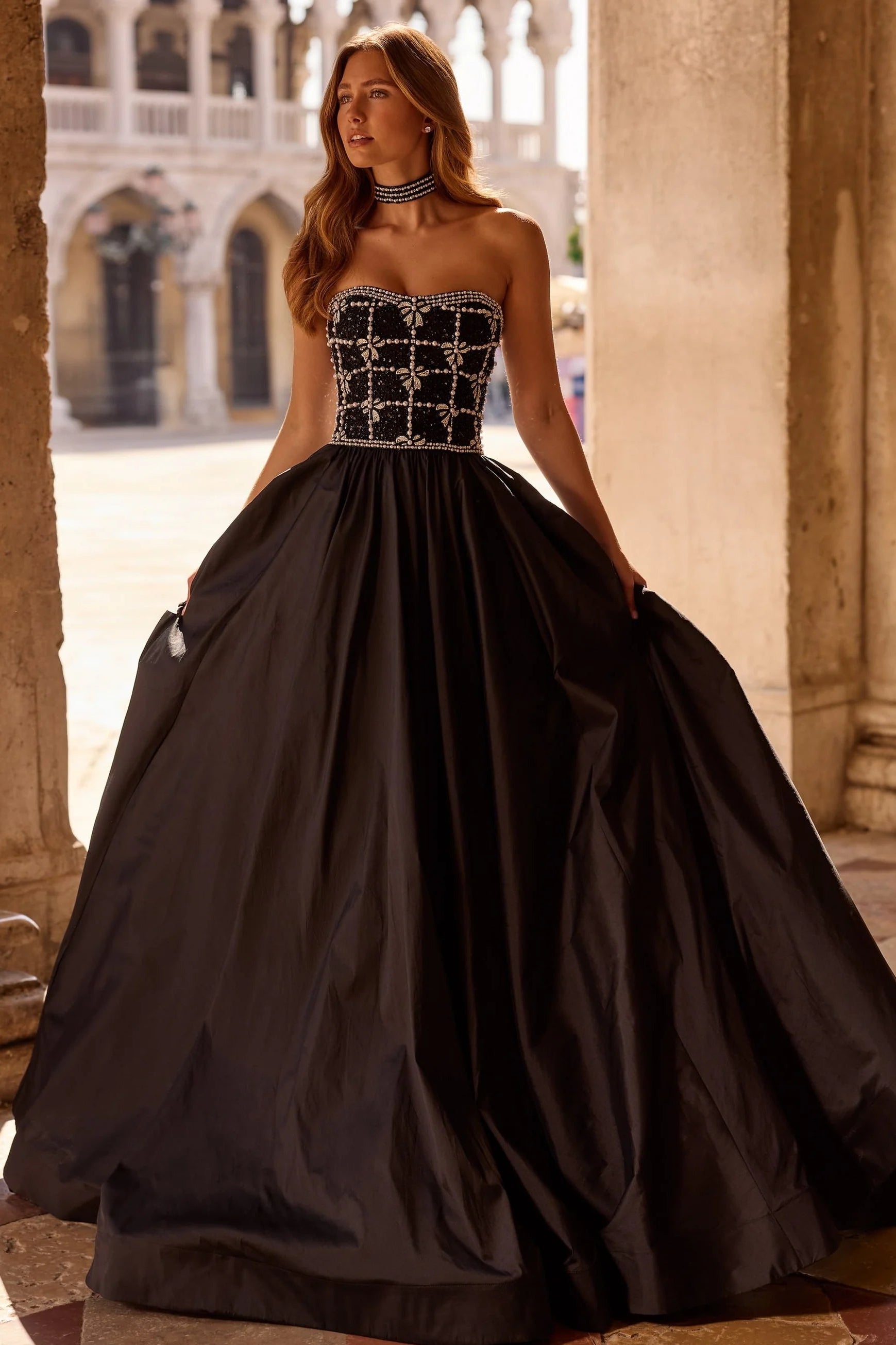 Glamorous Black Strapless Beaded Ball Gown