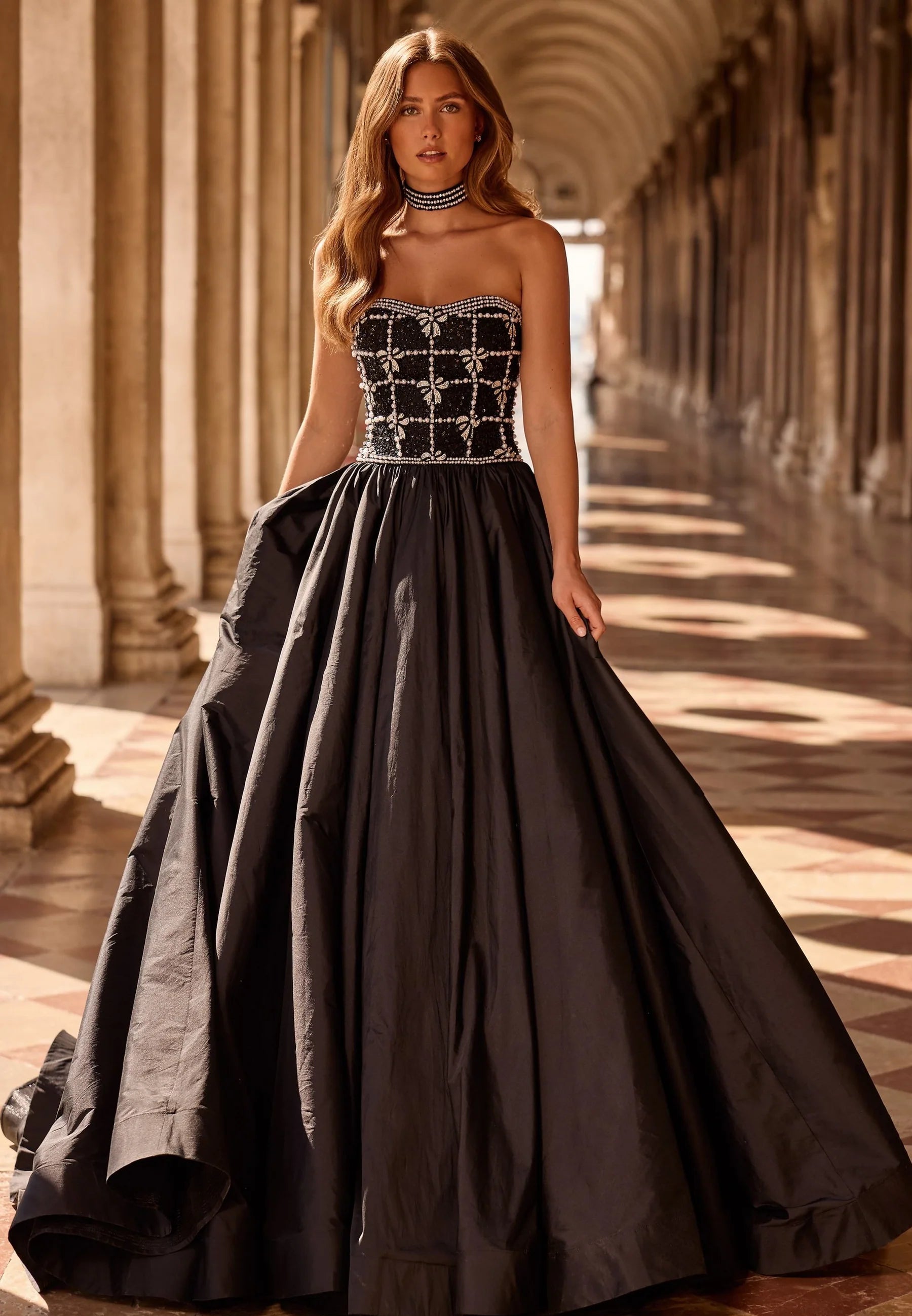 Glamorous Black Strapless Beaded Ball Gown
