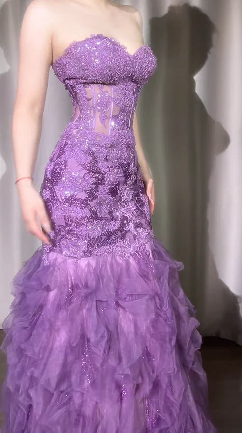 Enchanting Lilac Strapless Sequin Ruffled Prom Dresses