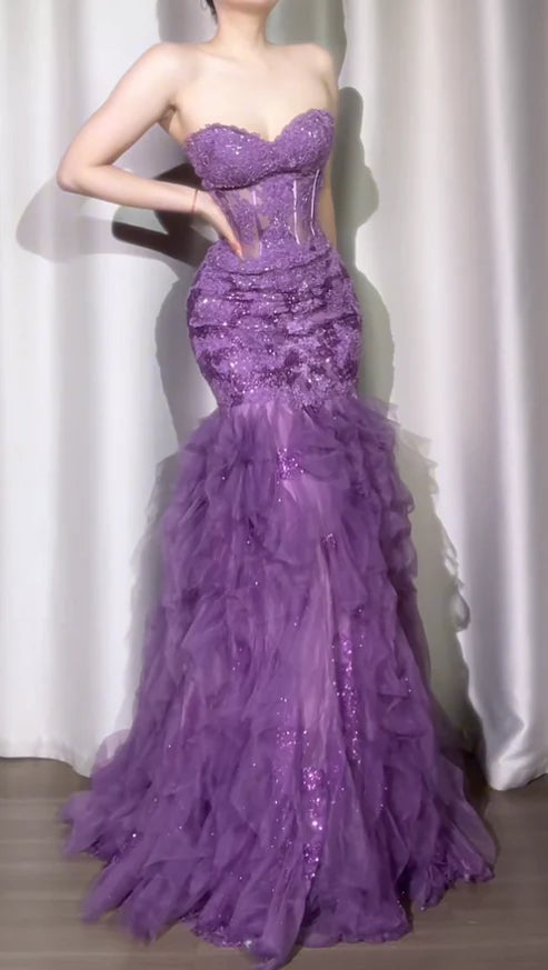 Enchanting Lilac Strapless Sequin Ruffled Prom Dresses