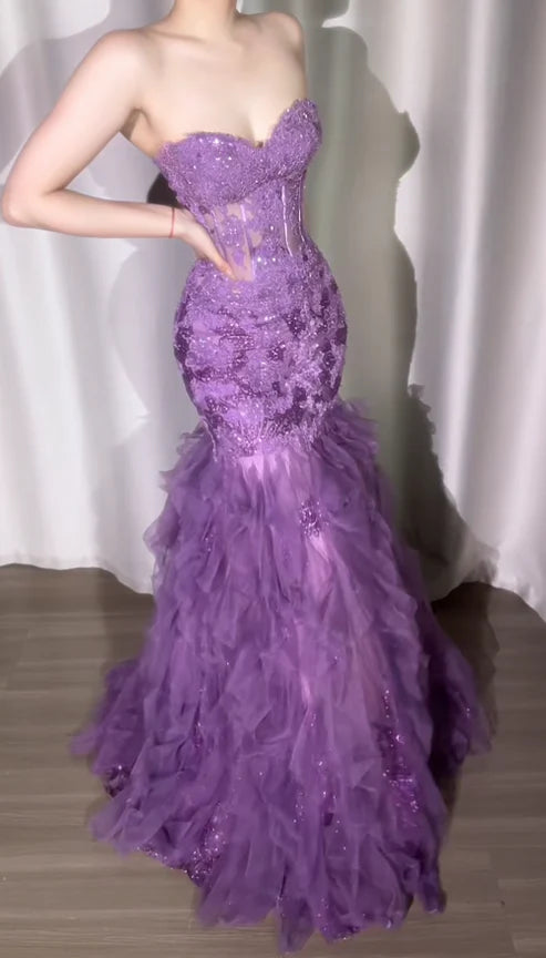 Enchanting Lilac Strapless Sequin Ruffled Prom Dresses