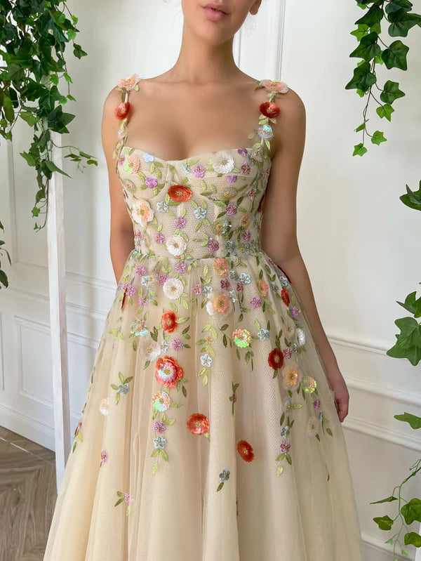 Enchanted Garden Champagne 3D Floral A-Line Gown