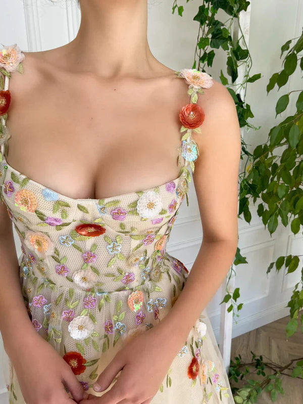 Enchanted Garden Champagne 3D Floral A-Line Gown