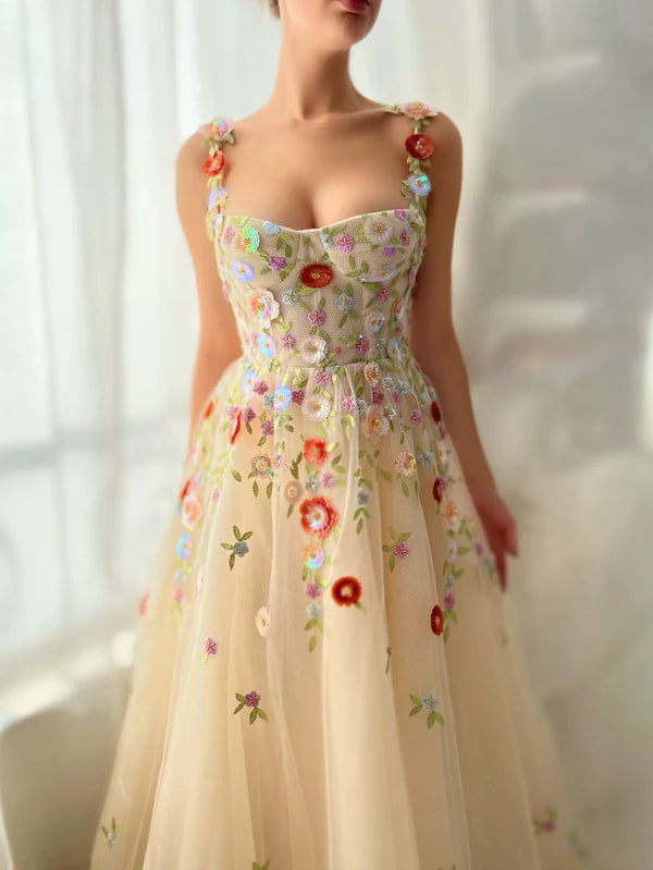 Enchanted Garden Champagne 3D Floral A-Line Gown